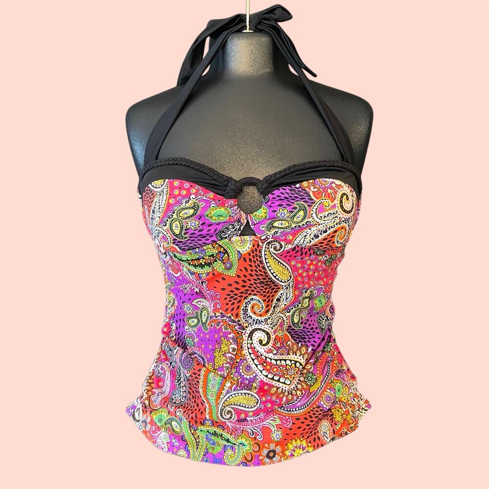 24th & Ocean Y2K Paisley Multicolor Tankini Halter Underwired Lined S